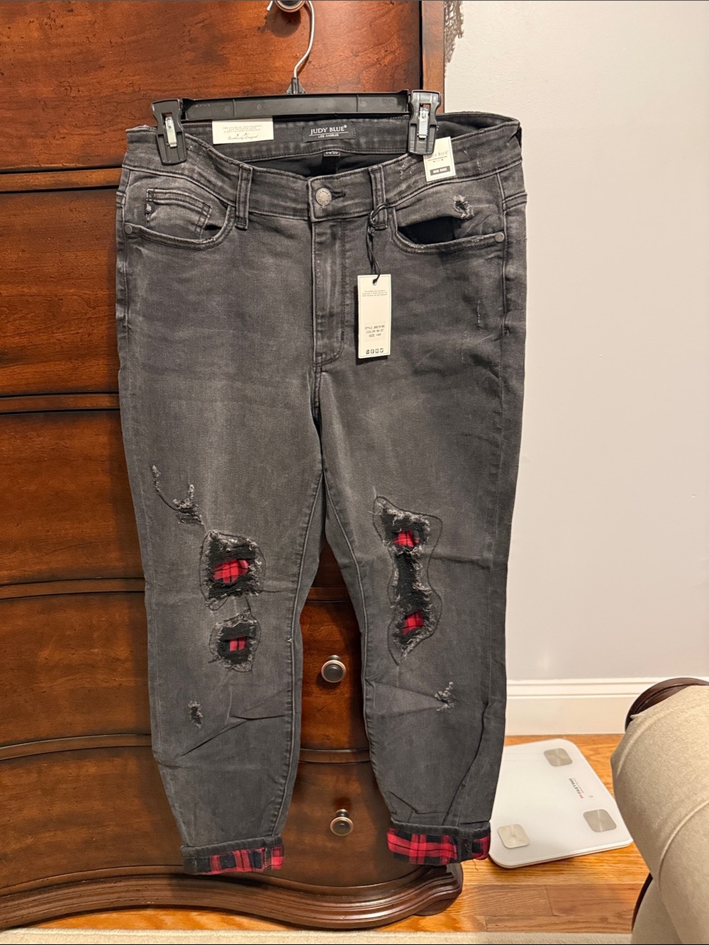 Judy Blue Black Distressed Boyfriend Jeans with Red Plaid Patch